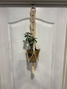 Handmade Macramé Plant Hanger in Cream with Wooden Beads